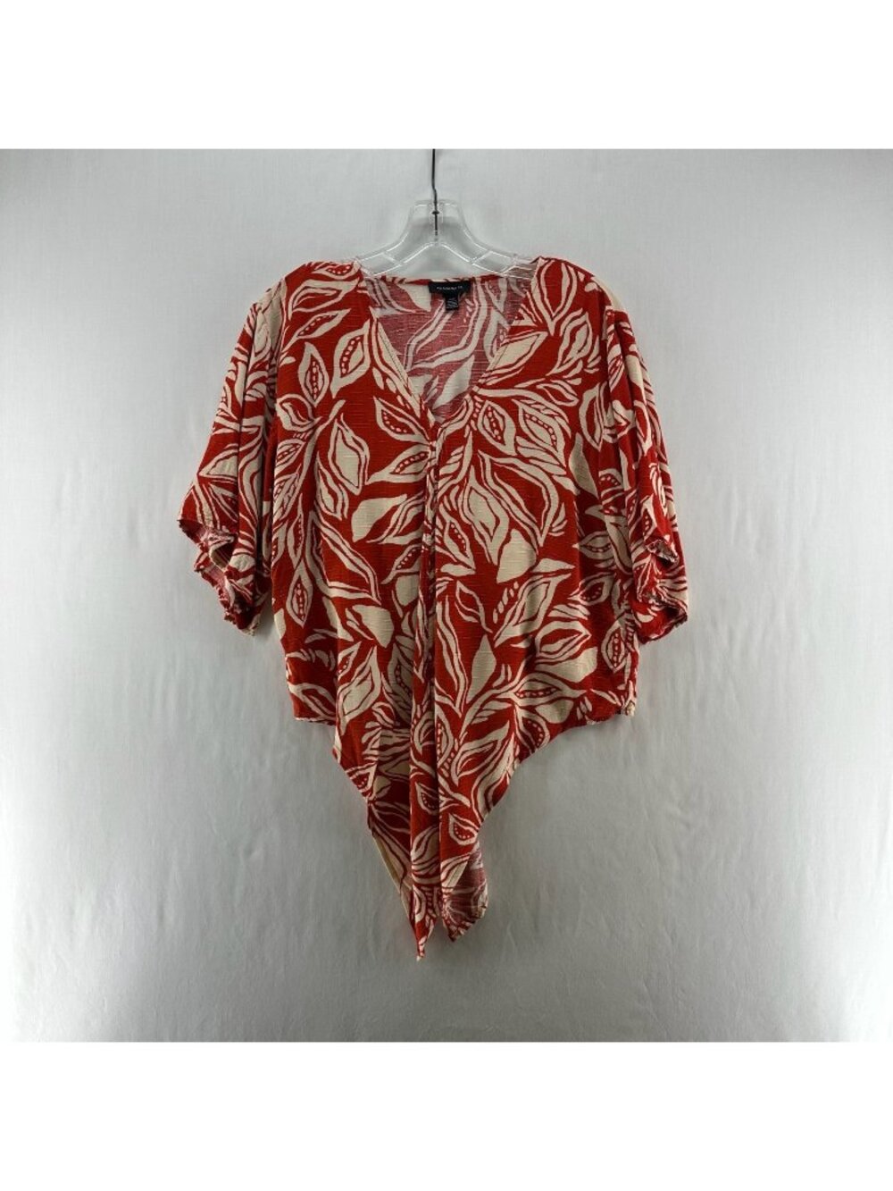 Tamara H Leaf Print Tie Front Blouse Womens M V-Neck Short Sleeve Orange Cream